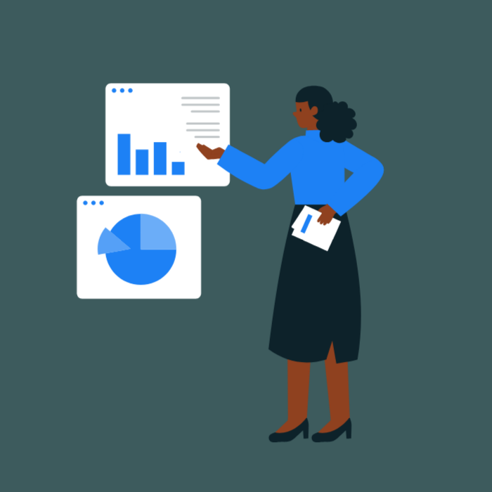 An image of a Black women presenting charts.